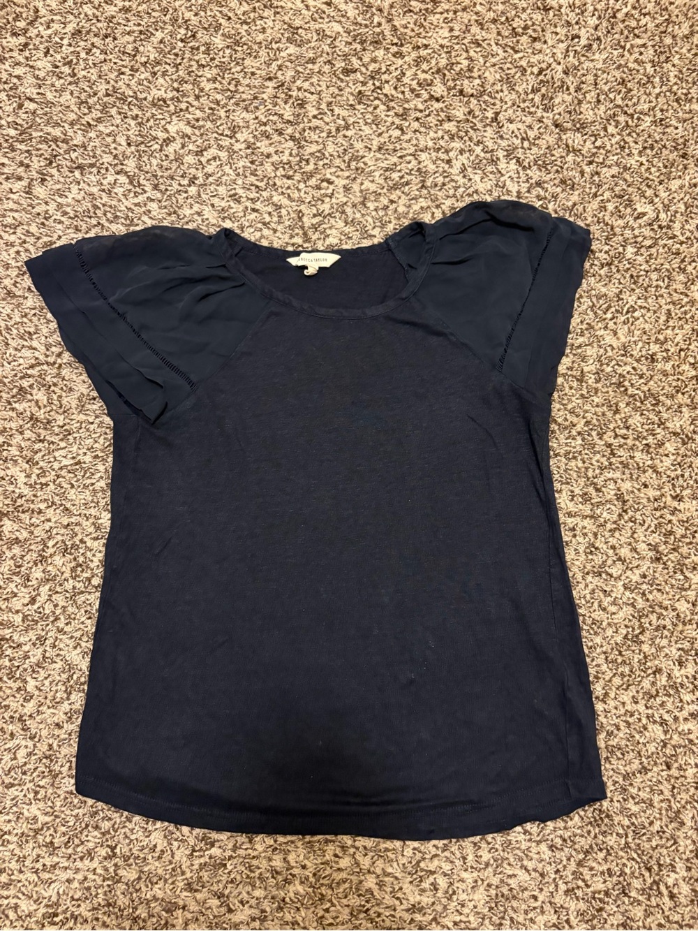 Rebecca Taylor Navy Short Sleeve Top with Rounded Neck